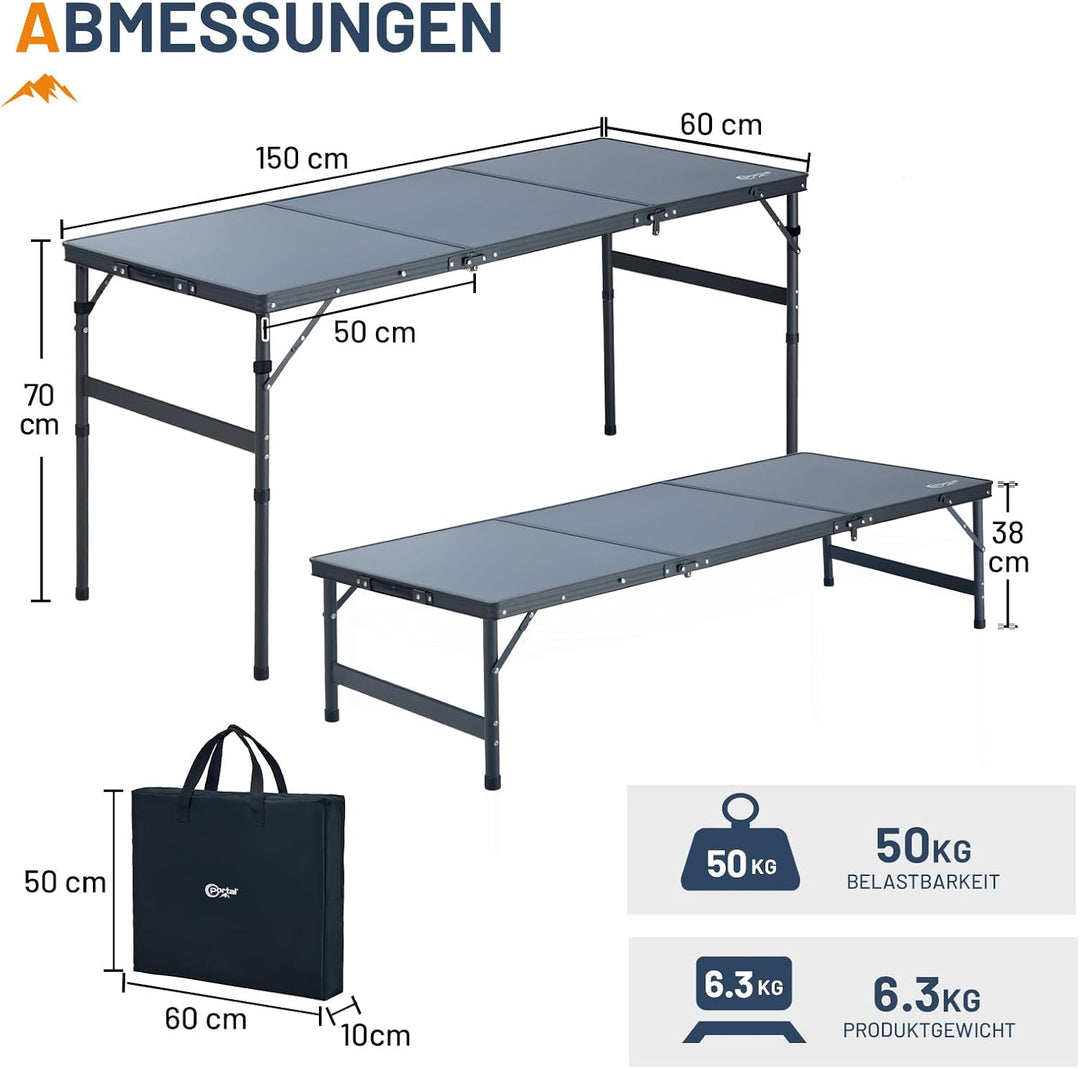 Portal Faltbarer Campingtisch 150x60cm Höhenverstellbar Robuster Klapptisch mit Tragegriff &amp; Ablagen