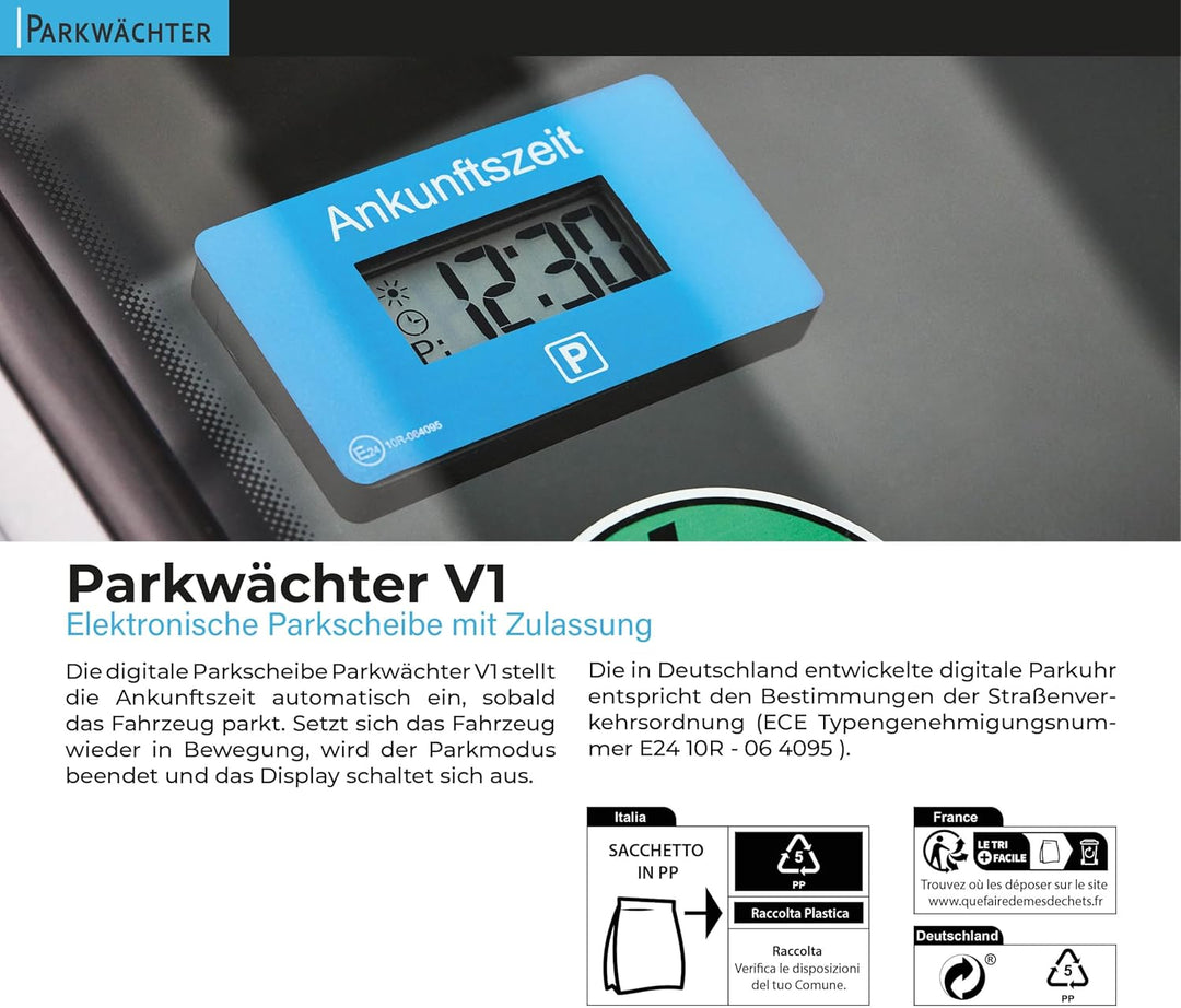 Parkwächter V1 automatische Parkscheibe gemäss der Strassenverkehrsordnung, Digitale Parkscheibe für