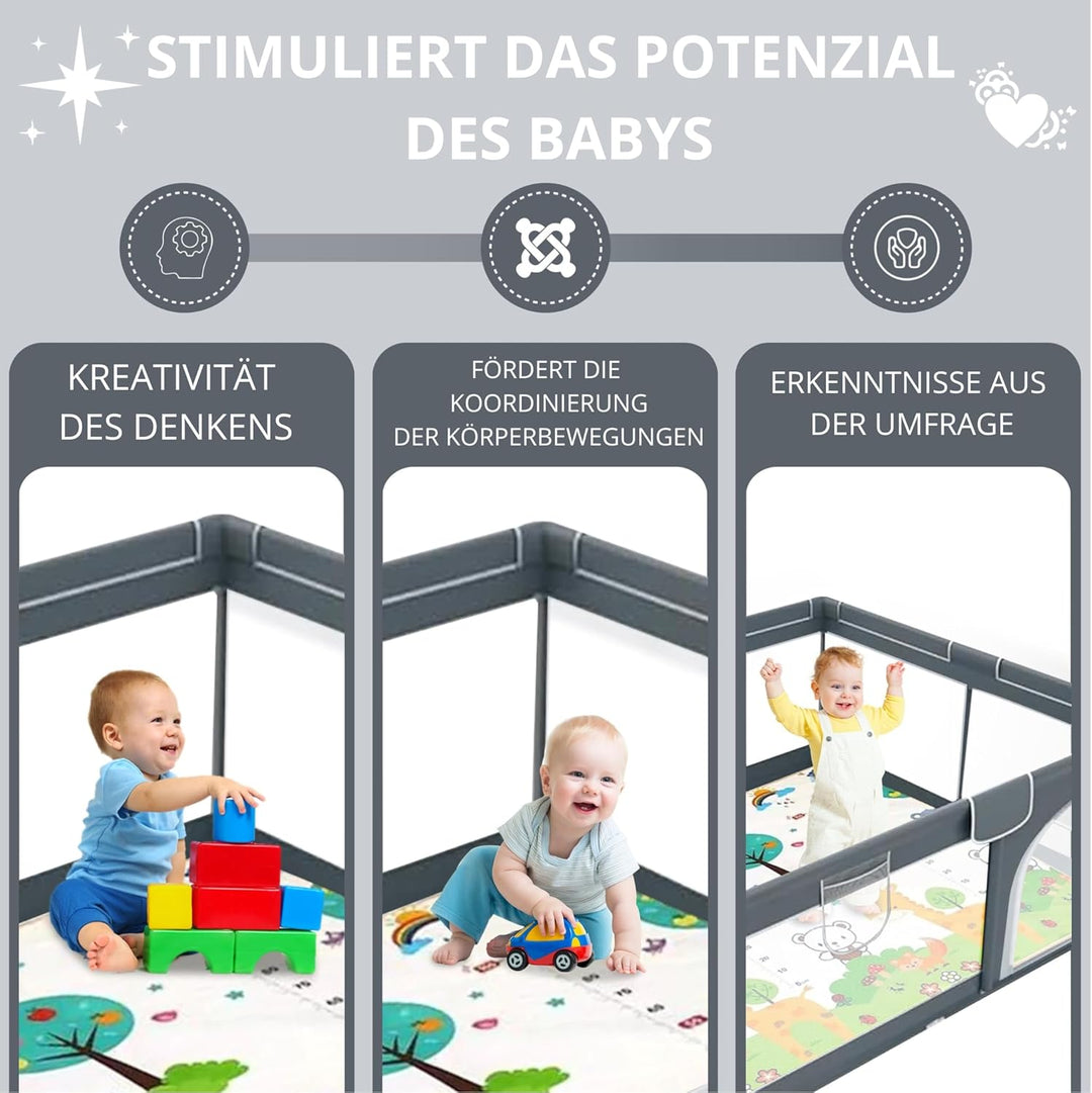 EveryKip® Laufstall Baby 120x120cm, Laufgitter baby mit atmungsaktivem Netz, Baby Laufstall mit Reis