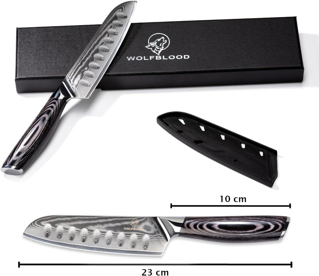 Wolfblood PRO Damastmesser Damast-Küchenmesser L (23cm) Profi Santoku Messer aus echtem 67 Lagen Dam