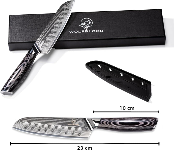 Wolfblood PRO Damastmesser Damast-Küchenmesser L (23cm) Profi Santoku Messer aus echtem 67 Lagen Dam