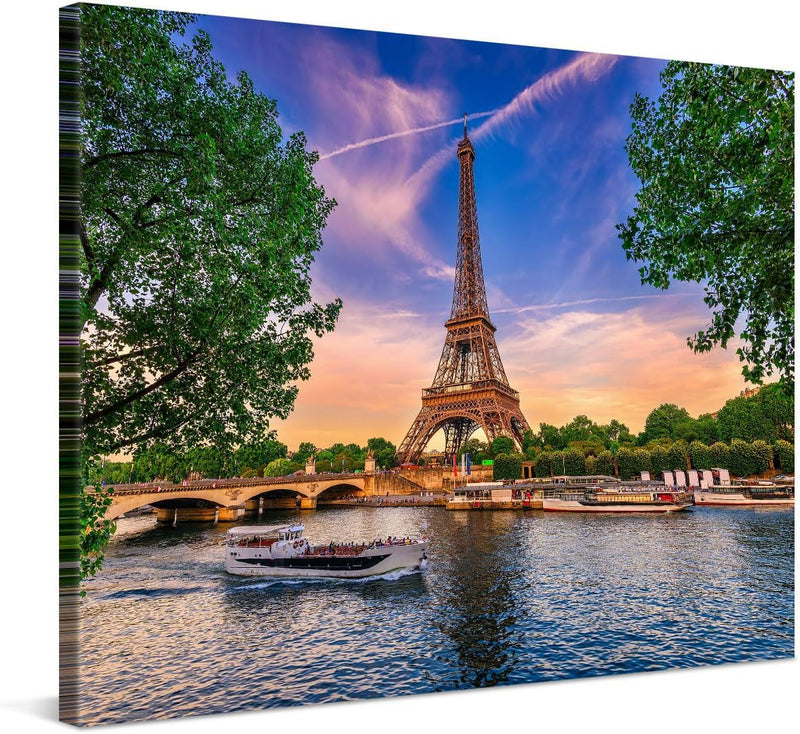 PICANOVA – Leinwandbild 80x60cm Eiffelturm Paris – Leinwanddruck – Wandbild Kunstdruck Auf 2cm Holz-