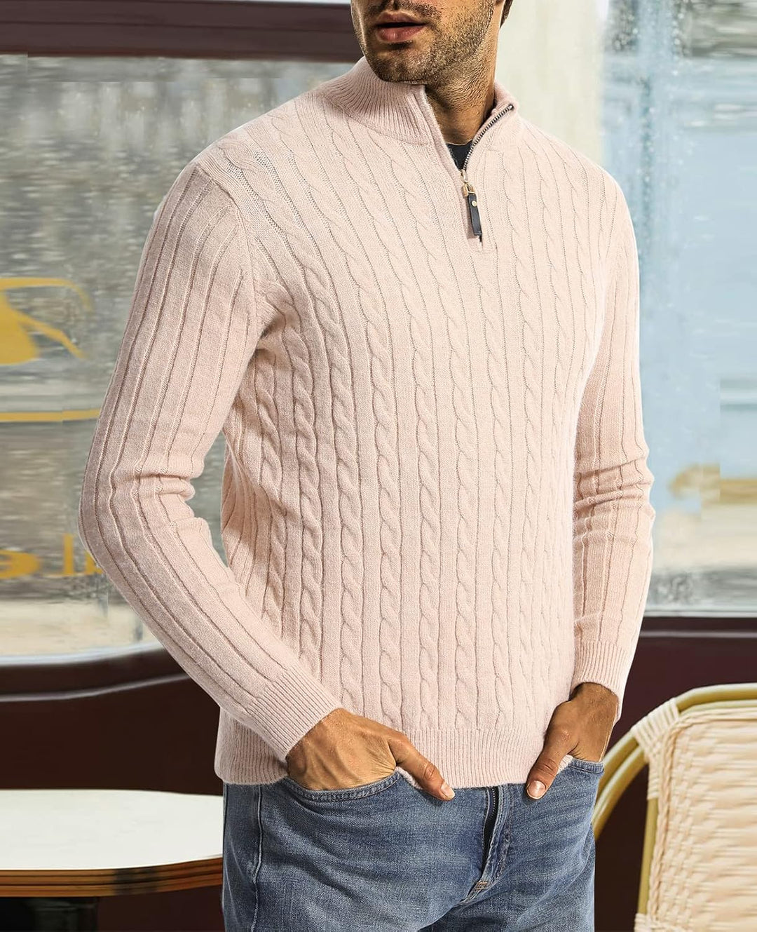 Superora Herren Stehkragen Stretch Pullover mit 1/4 Reissverschluss Männer L Beige, L Beige