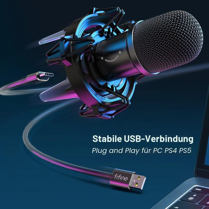 FIFINE Gaming Mikrofon PC mit Arm, 8 RGB Steuerungsmodi USB Microphone für MAC PS4 PS5, Dynamisches