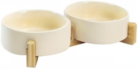 SPUNKYJUNKY Keramik Doppel Futternapf mit Bambus Ständer für Katzen und Hunde (400ml, Beige) Beige D