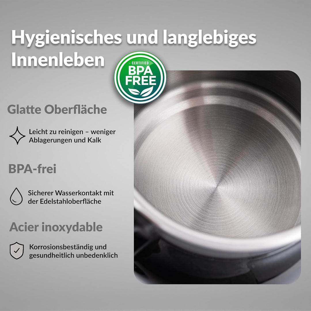 LEHMANN Wasserkocher 1,5L mit Temperatureinstellung 40-100°C, Warmhaltefunktion, LED-Display, Doppel