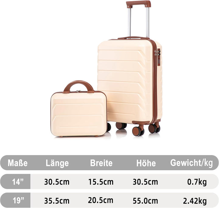 Hartschalen-Koffer Trolley Handgepäck Rollkoffer, Reisekoffer Set mit 4 Rollen, 2er Gepäckset Beige+
