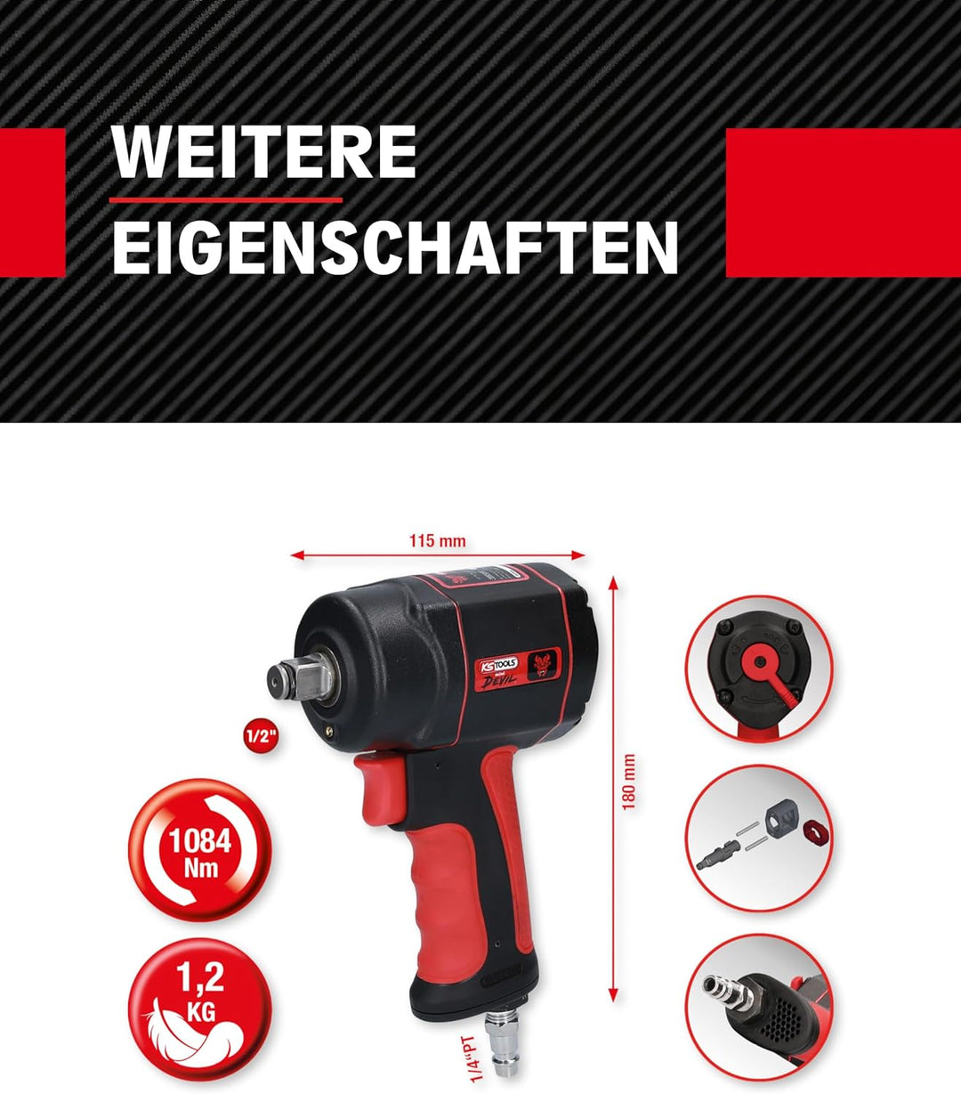 KS Tools 515.1315 1/2" THE miniDEVIL Hochleistungs-Druckluft-Schlagschrauber, 1084Nm Single, Single