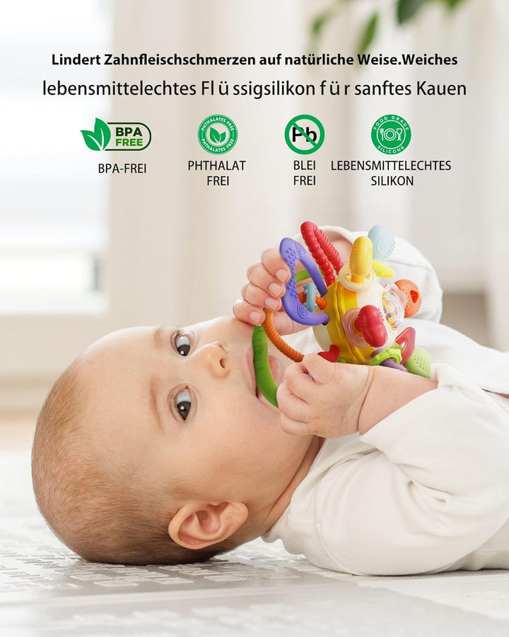 Infinno Baby Greifball & Rassel,BPA-freies Silikon Beissring-Spielzeug für 0-12 Monate, Multifunktio