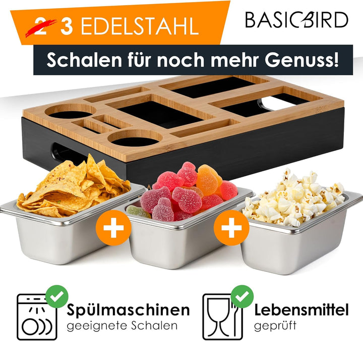 Couchbar Snackbox - Organizer Tablett- Snackspender mit 3X Snackschale - Holz Sofatablett für Sofa,
