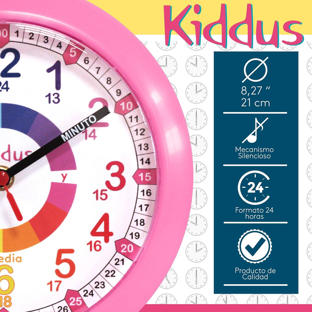 KIDDUS Wanduhr für Kinder. Analoger Zeitlehrer mit Zeitlernübungen. Stilles Uhr. Viele Sprachen. ESP