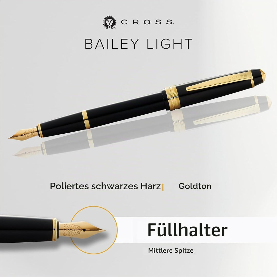 Cross Bailey Light Füllfederhalter (Federstärke M, inkl. Geschenkverpackung) Schwarz-Lack mit goldfa