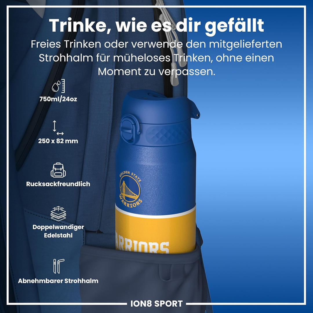 NBA Golden State Warriors Trinkflasche Mit Herausnehmbarem Strohhalm, 750ml/24oz, Auslaufsichere Iso