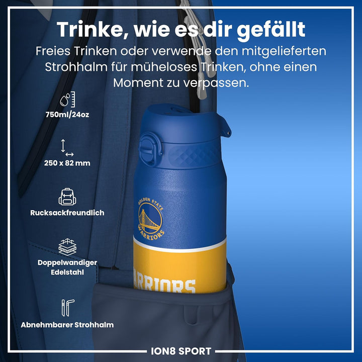 NBA Golden State Warriors Trinkflasche Mit Herausnehmbarem Strohhalm, 750ml/24oz, Auslaufsichere Iso