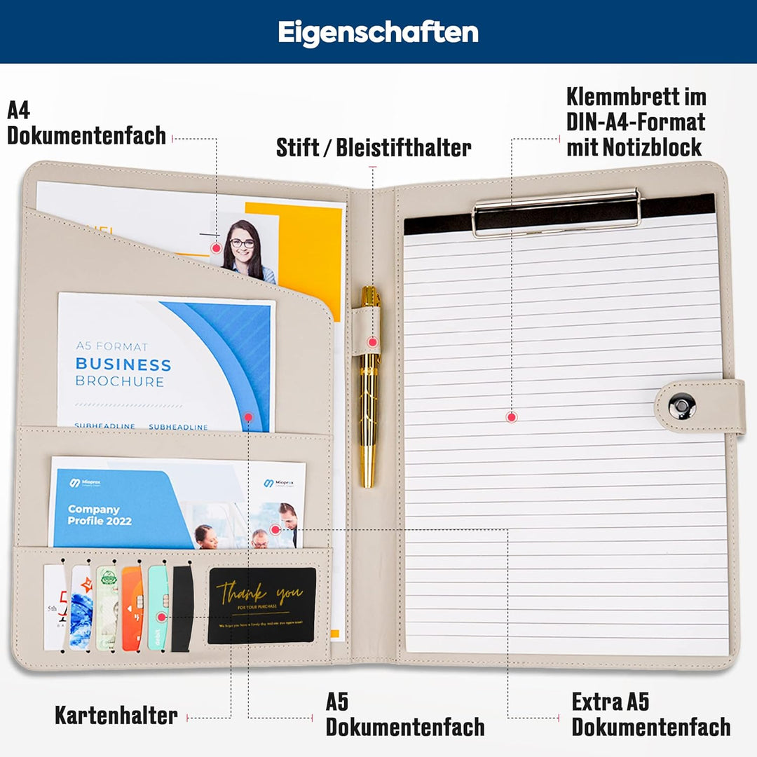 AMKSONS Schreibmappe A4 in Hell Grau inklusive Klemmbrett & DIN A4 Notizblock - Premium Konferenzmap