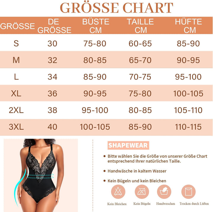 YARRCO Shapewear Damen Body Shaper Bauchweg XL Schwarz auf Beige-Tief-V-Spitze, XL Schwarz auf Beige
