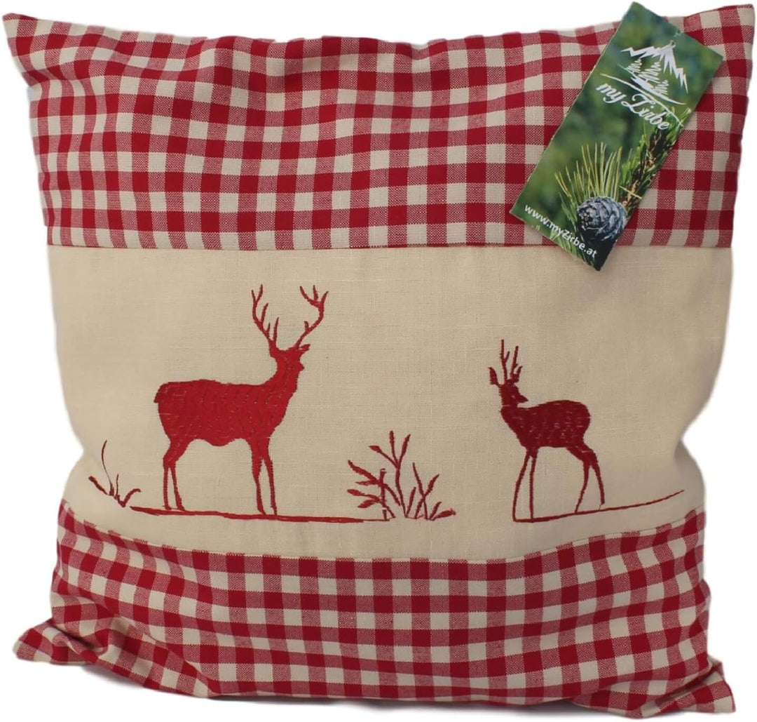 Zirbenkissen Hirsch rot kariert mit Inlett befüllt mit Zirbenspänen aus 100% Alpen Zirbenholz 40x40