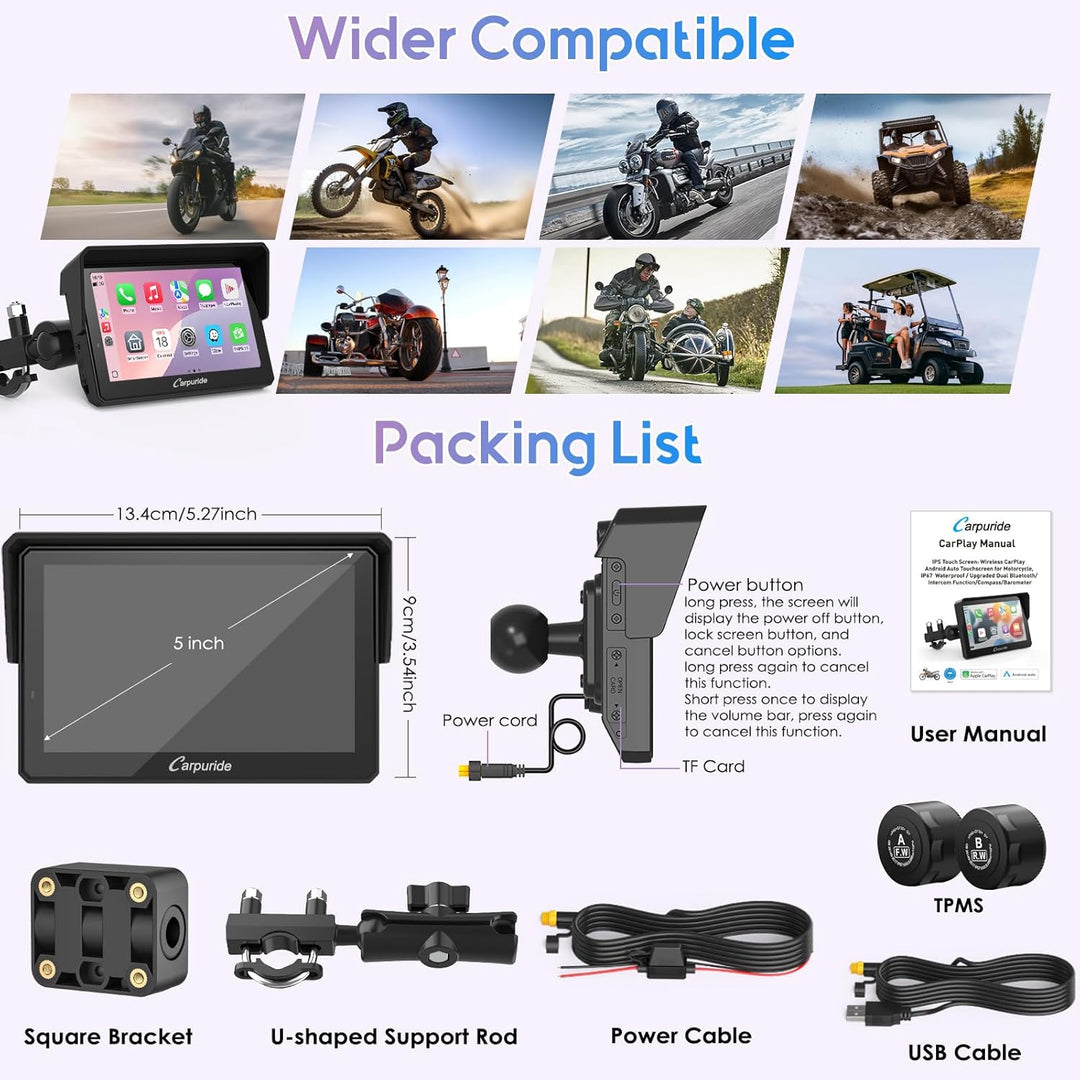 Carpuride W502TPRO Motorrad CarPlay, Android Auto, TPMS und Dual-Bluetooth – 5-Zoll-Display, wasserd