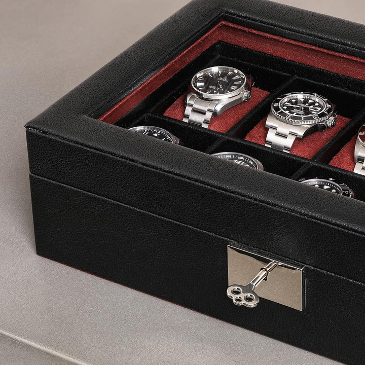 ROTHWELL Uhrenbox mit 10 Fächern – Luxus-Uhrenetui mit weichem Futter, abschliessbarer Schmuckuhrenh