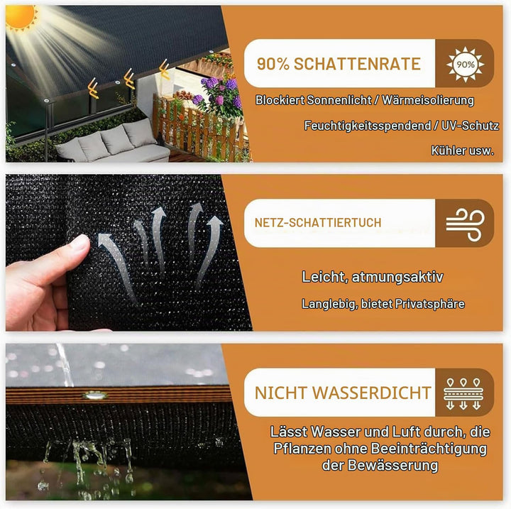 Schattierungsnetz 2x5M, Sonnenschutznetz mit Ösen, Sichtschutzgewebe 90% Schattierwirkung, Sonnensch