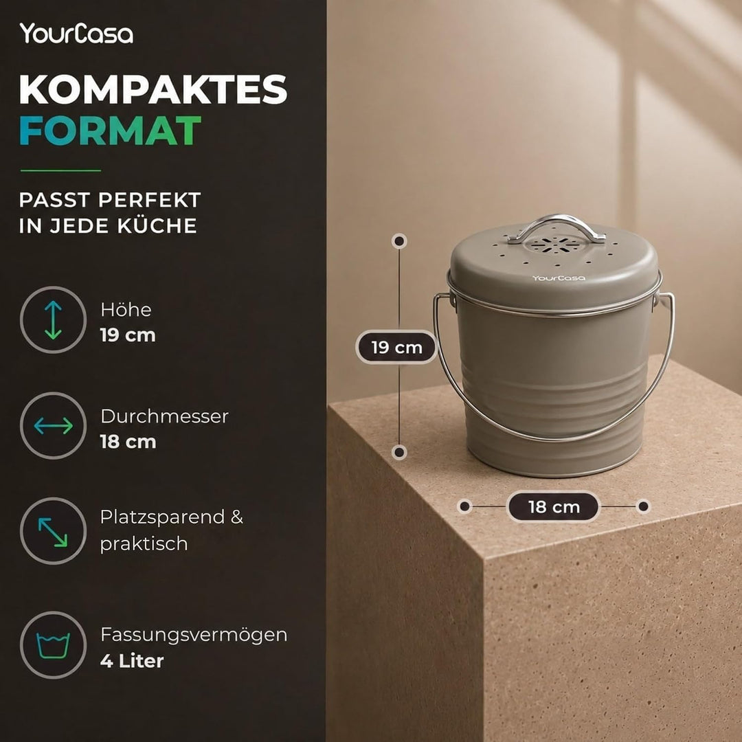 YourCasa Biomülleimer Küche 4L aus Metall [Kora] - geruchsdichter Bio Mülleimer mit Deckel &amp; Aktivko