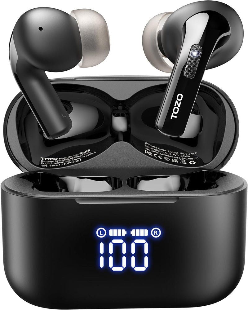 TOZO T20 Bluetooth Kopfhörer kabellos 48,5 Stdn Spielzeit mit LED-Digitalanzeige, IPX8 wasserdicht I