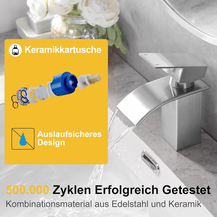 BESy Wasserfall Auslauf Badezimmer Waschtischarmatur, Einhebel-Waschtischmischbatterie, RV Waschbeck