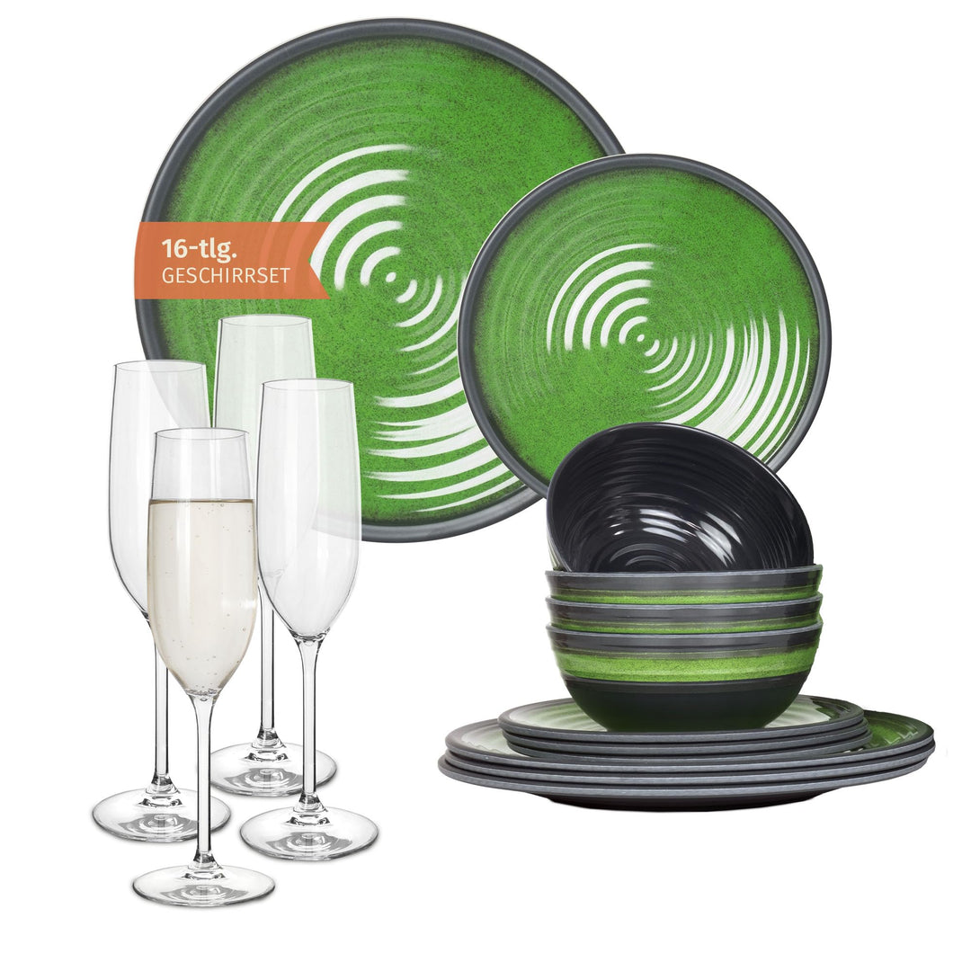 Melamin Camping Geschirr Set 4 Personen Stone Green + 4 Timo Champgner Gläser Flûtes Tafelgeschirr P