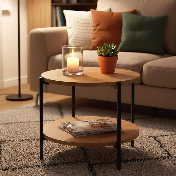 CLP Couchtisch rund Holz Edduma, Sofatisch 2 Ebenen mit Stauraum, Beistelltisch klein Metallgestell