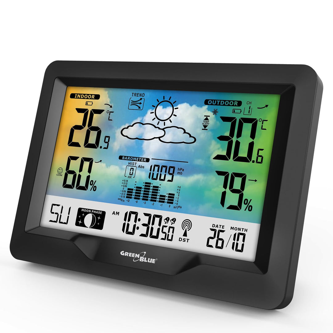 Green Blue GB540N Wetterstation mit Farbdisplay DCF Funkuhr | Innen- und Aussentemperatur, Wettervor