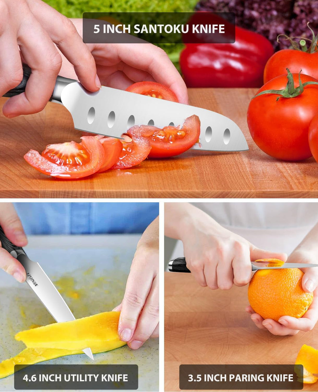 MOSFiATA Küchenmesser Set 3pcs-13 cm Allzweckmesser,13 cm Santoku Messer, 9 cm Schälmesser, Kochmess