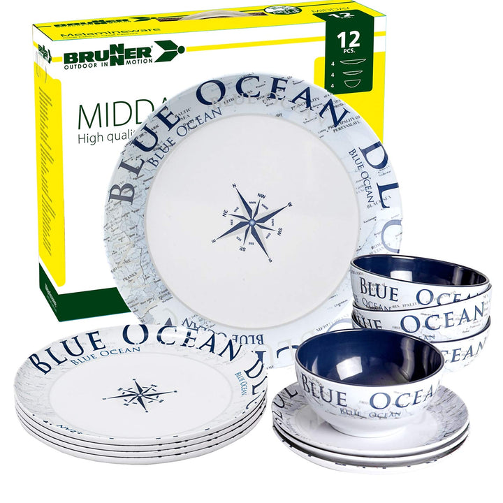 BRUNNER - Campinggeschirr Melamin Maritim (Set: 12, 16 oder 36 Teilig), 4 Personen - Blue Ocean - Ho