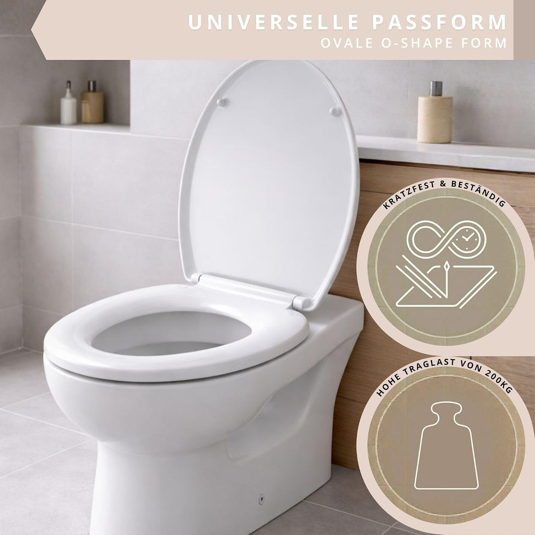 Toilettendeckel mit Absenkautomatik weiss oval, WC-Sitz abnehmbar antibakterielles Urea Duroplast, I