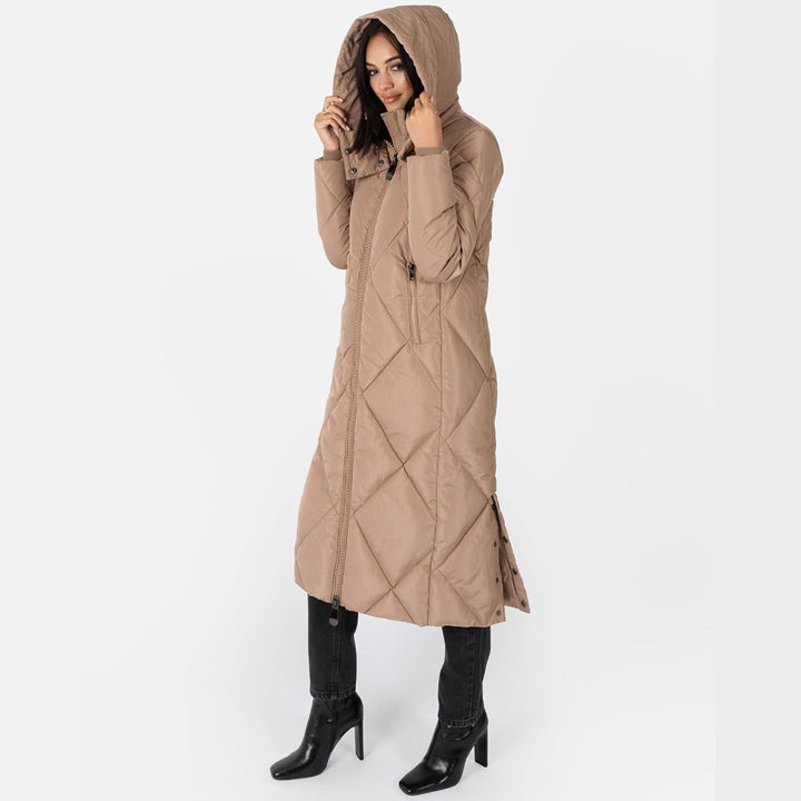 Women's Winter Jacket Ladies Coat Puffer Removable Faux Fur Hood Pockets Quilted Padded Longline Puf