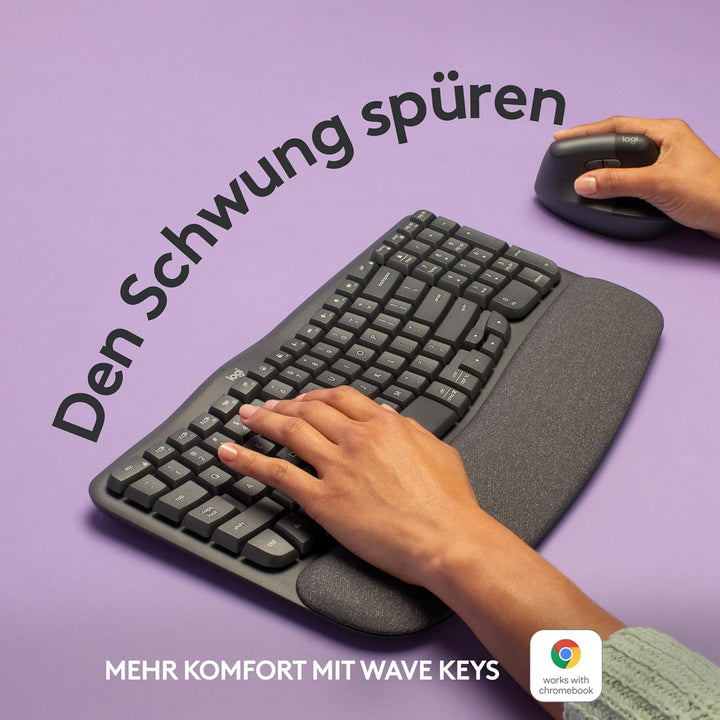 Logitech Wave Keys kabellose ergonomische Tastatur, gepolsterte Handballenauflage, komfortables natü