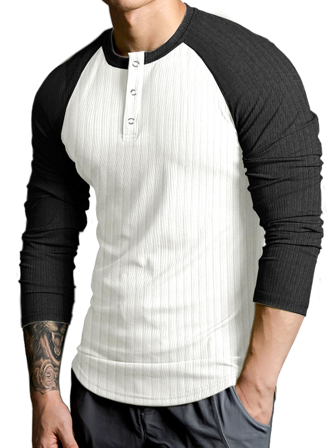 Lehmanlin Langarmshirts, Henley Langarm/Kurzarm Pullover, Slim Fit Sport Muskelshirts M Weiss+schwar