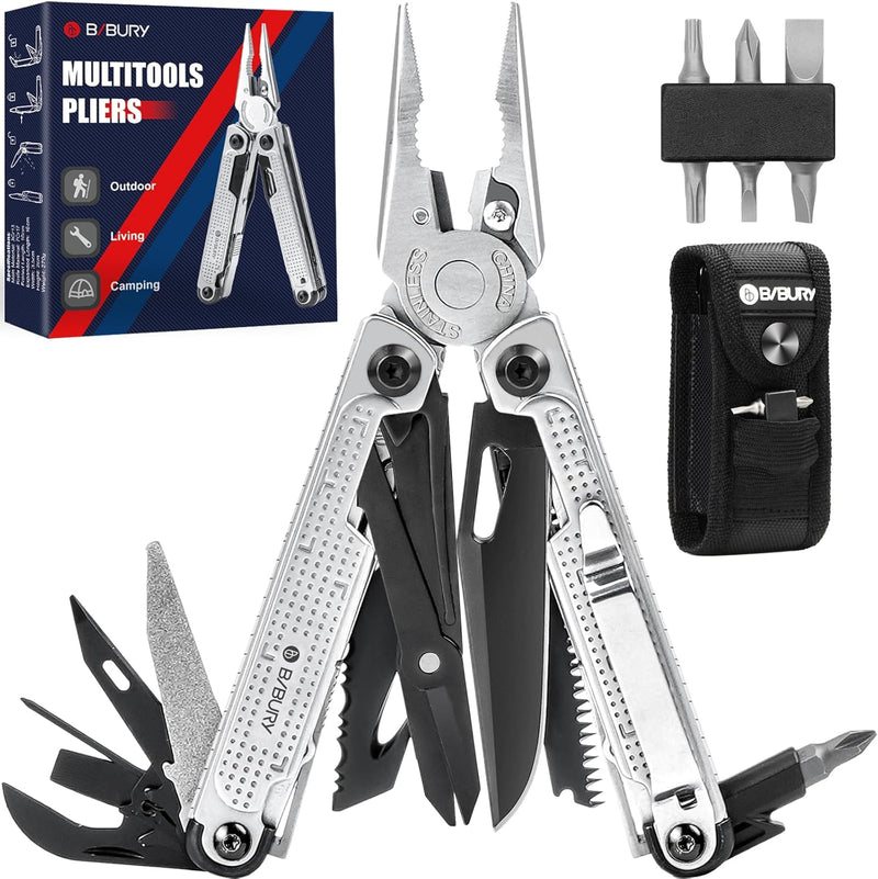 BIBURY Multitool Zange, Edelstahl Multi Tool mit verbessertem Seilschneider & Schraubenantrieb, Falt