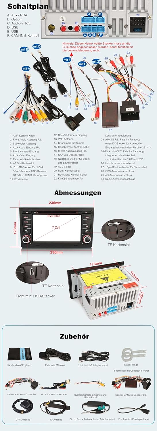 Erisin 7 Zoll 8-Kern 4GB+64GB Android 12 Autoradio Bluetooth mit GPS Navigation Für Audi A4 S4 RS4 R