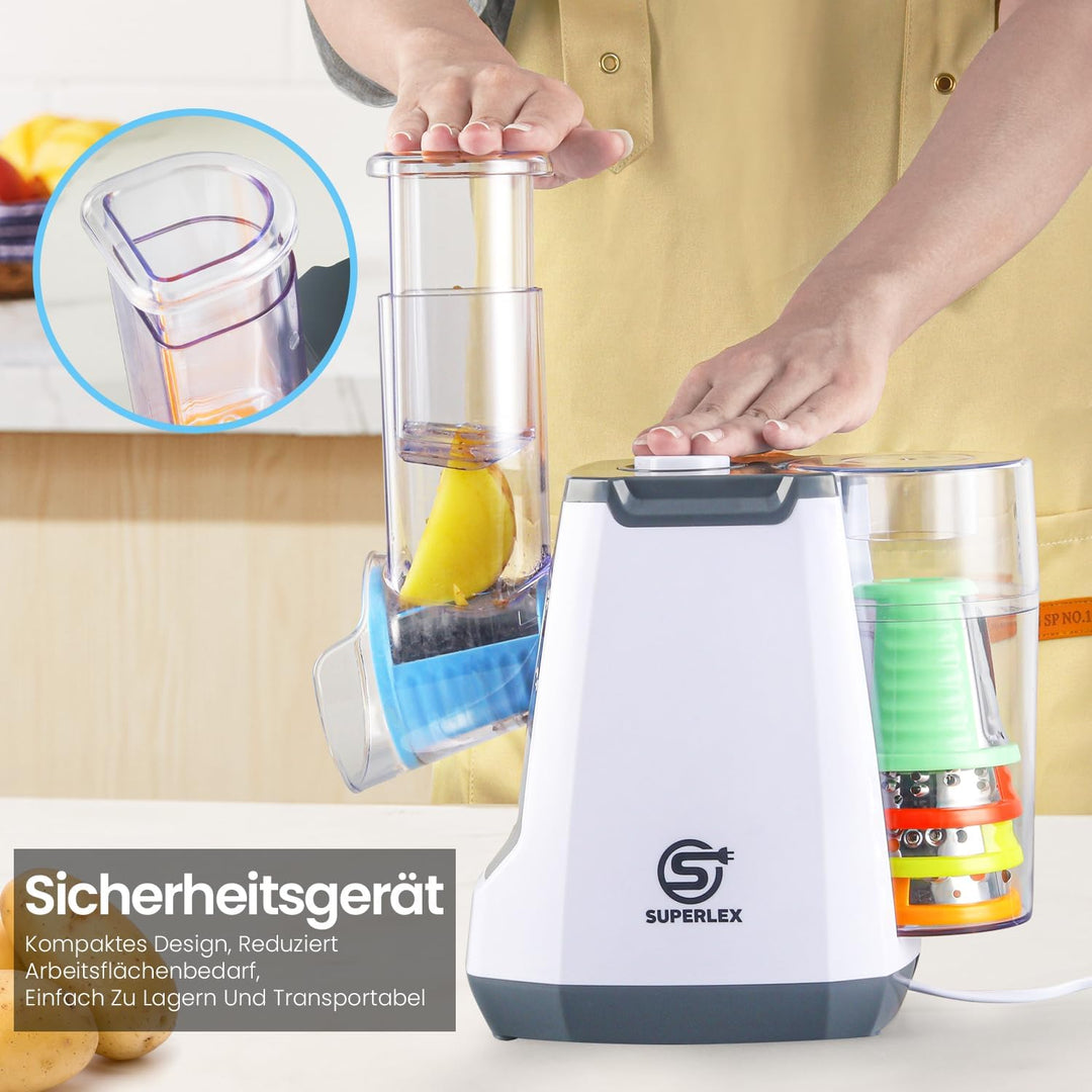 Elektrisch Gemüseschneider 5-in-1, Gemüsehobel mit 5 austauschbaren Trommelklingen, Käsereibe für Ob