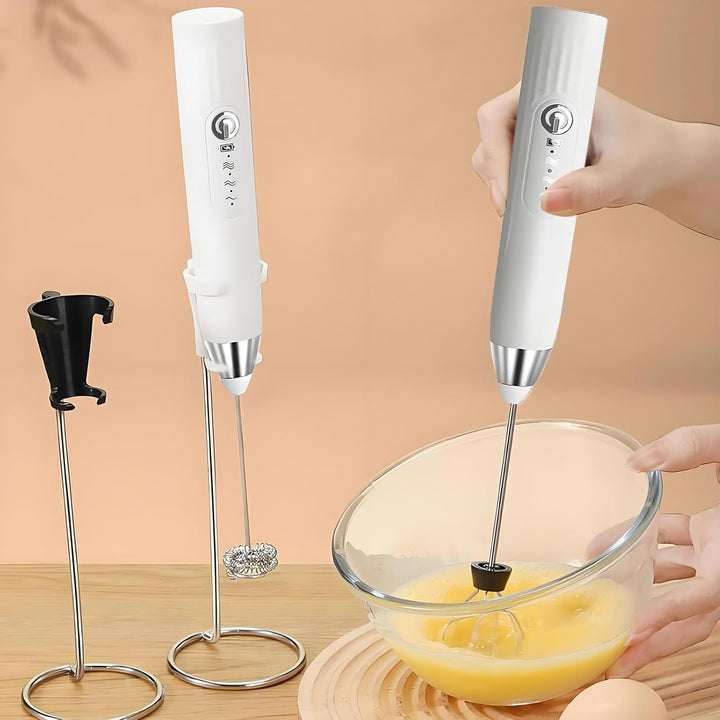 Elektrischer Milchaufschäumer Stab USB-wiederaufladbar 3 Einstellbare, 2 Schneebesen, Ständer Shaker