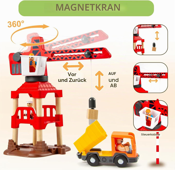 86PCS Holzeisenbahn Set mit Kran, Eisenbahn Holz mit Kran Spielzeug, Holz Eisenbahn Kinder, Passend
