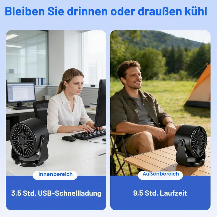 Wiederaufladbarer Tischventilator,Tragbarer Ultraleiser Kleiner Personalventilator mit Akku,105° Ver