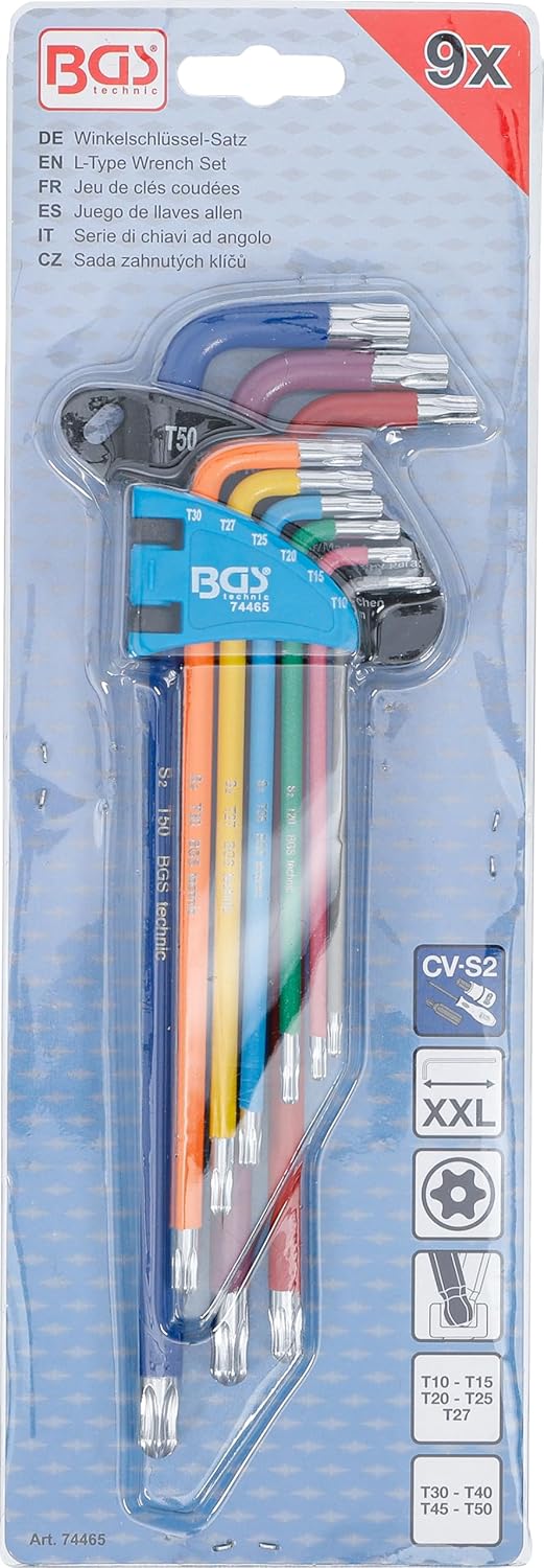 BGS 74465 | Winkelschlüssel-Satz | Multicolour | extra lang | T-Profil (für Torx) mit Bohrung und Ku