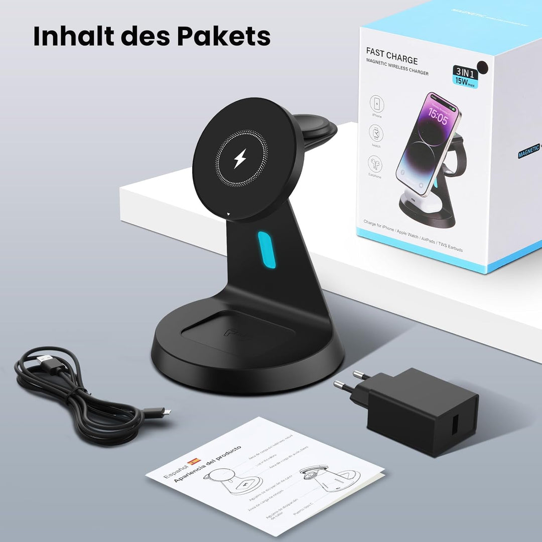 JoyGeek Ladestation Apple Watch und iPhone für Magsafe, 3 in 1 Induktive Ladegerät Schnellladung für