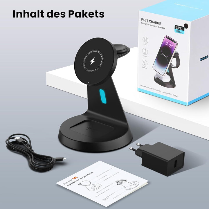 JoyGeek Ladestation Apple Watch und iPhone für Magsafe, 3 in 1 Induktive Ladegerät Schnellladung für