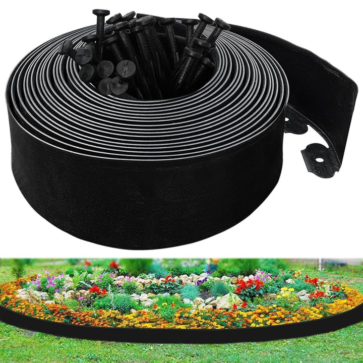 10cm x 10m Kunststoff Gartenumrandung grabefrei – Landschaftseinfassung mit 30 Erdankern – Schwarze