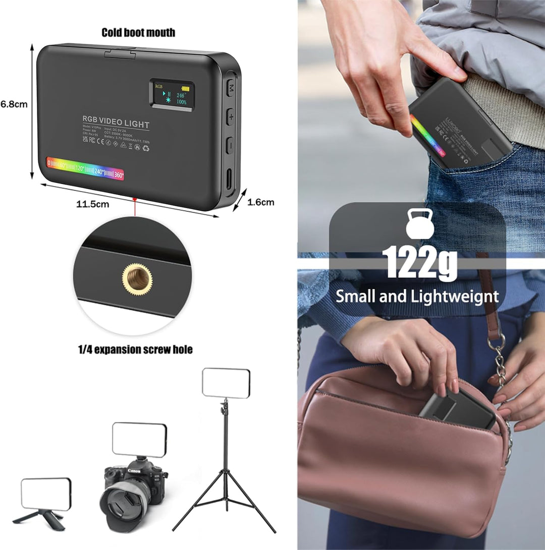 RGB LED Videoleuchte 8W LUXCEO,140 Lampenperlen LED Kamera Licht,USB Wiederaufladbares LED Panel für