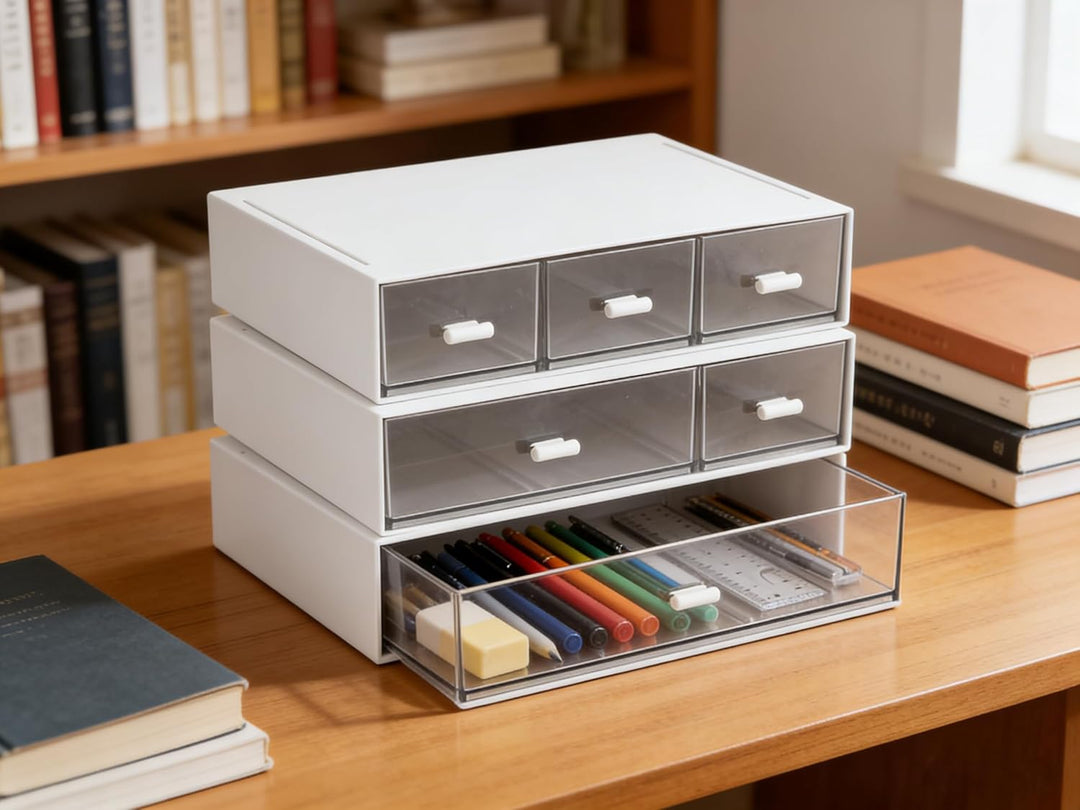 Schreibtisch Organizer Set, 3 Stapelbare Aufbewahrungsboxen mit 6 Schubladen, Multifunktionale Ordnu