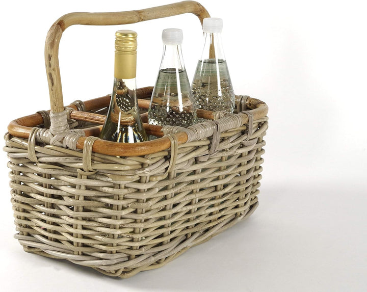 Kobolo Flaschenkorb Flaschenträger für 6 Flaschen aus grauem Rattan