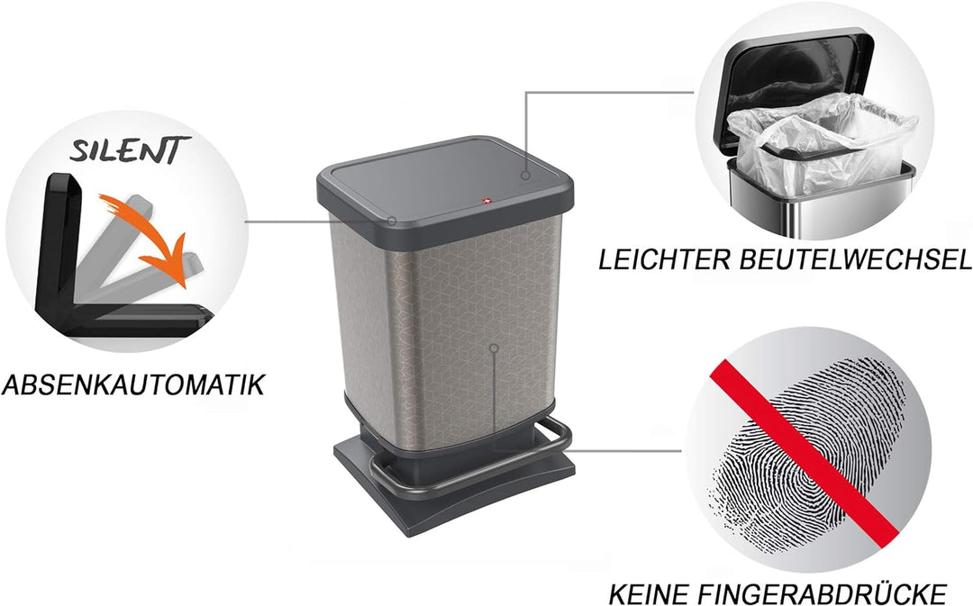 Rotho Paso Mülleimer 20l mit Pedal und Deckel, Kunststoff (PP) BPA-frei, silber hexagon, 20l (29,3 x